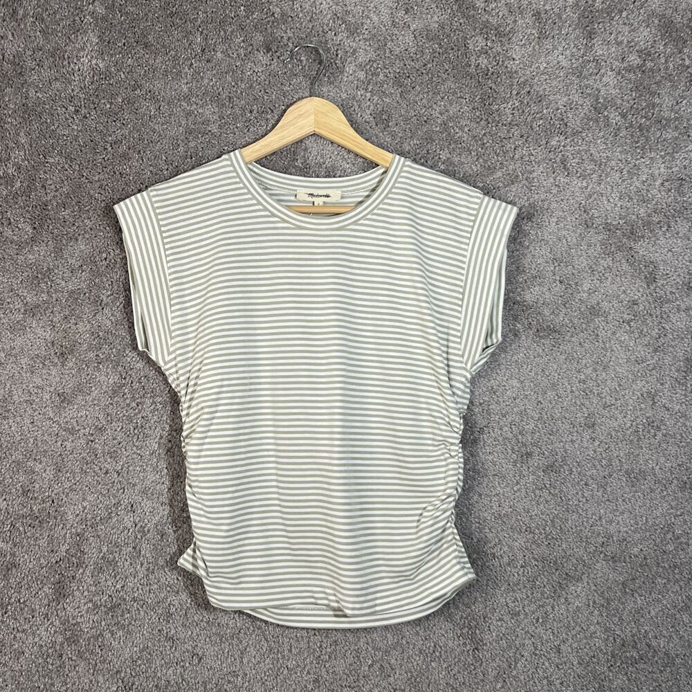 Madewell Women’s Small White Green Muscle Tank Top Side Ruched Cotton Sleeveless